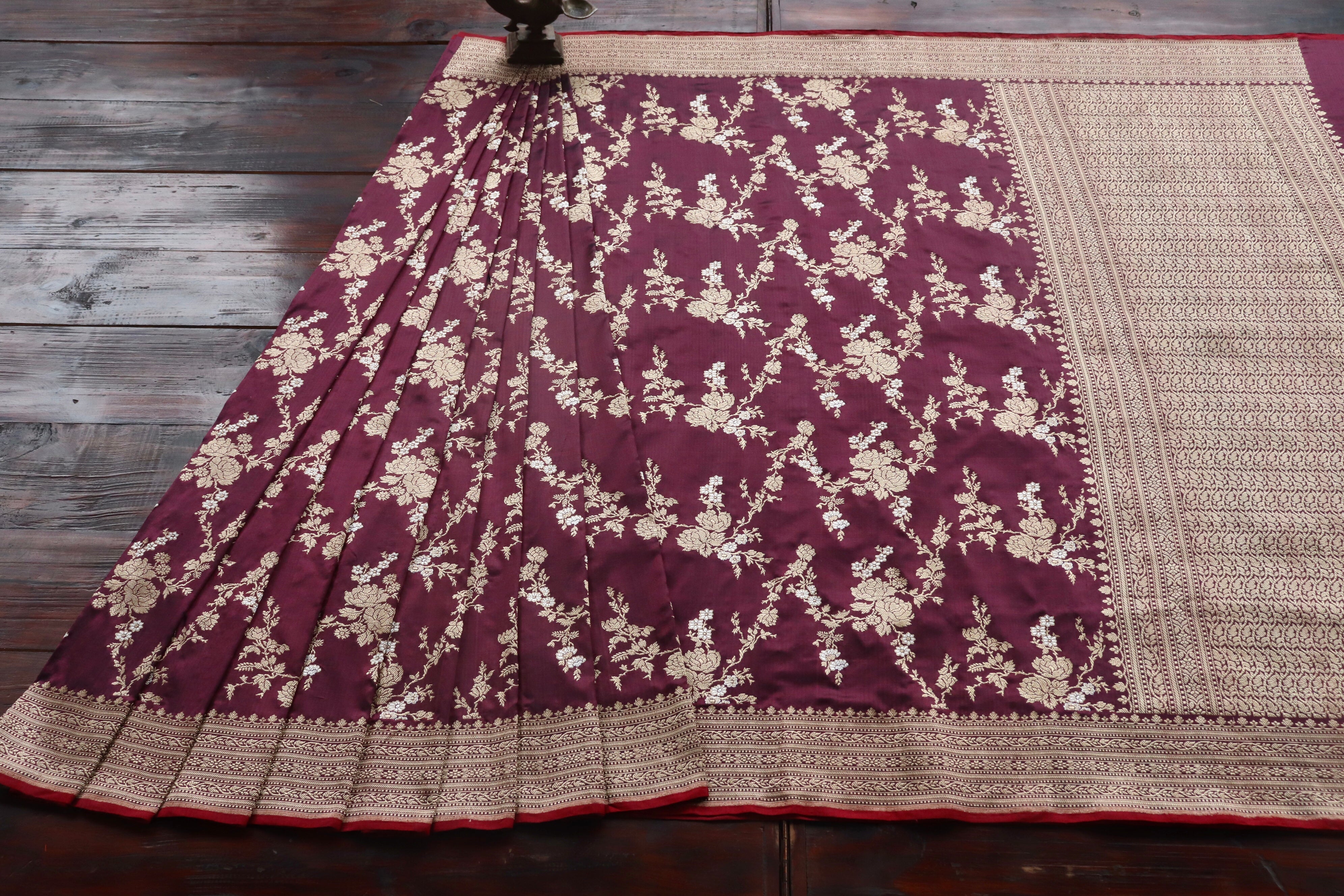Maroon Gulab Jangla Pure Silk Handloom Banarasi Saree
