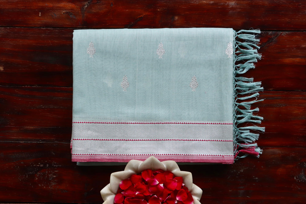 Blue handloom Banarsi saree with kadhua motifs in cotton