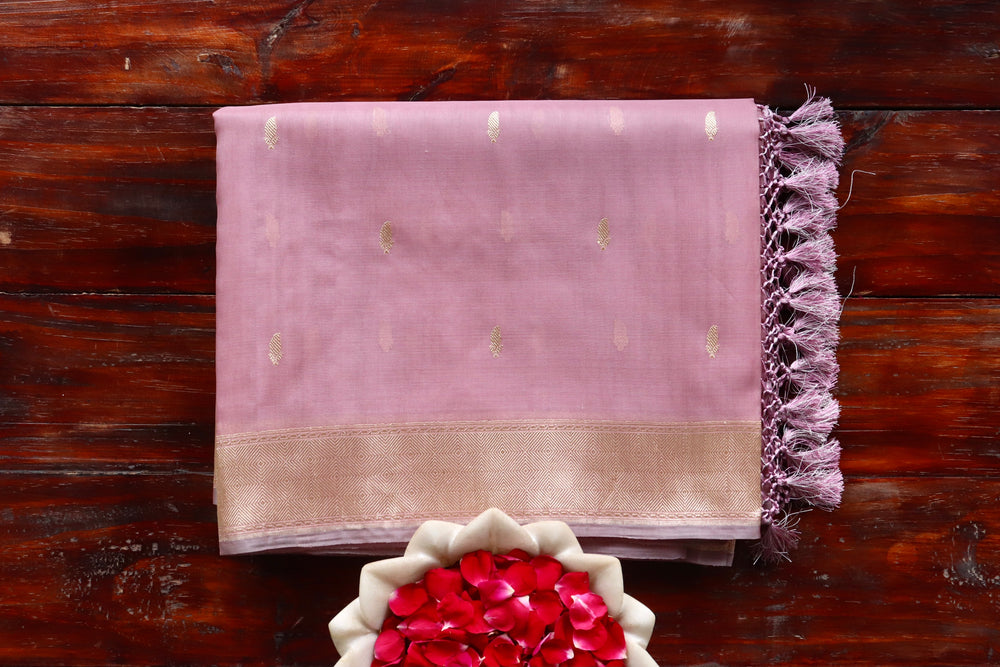 Dusty Rose handloom Banarsi saree with kairy motifs in pure Kora silk