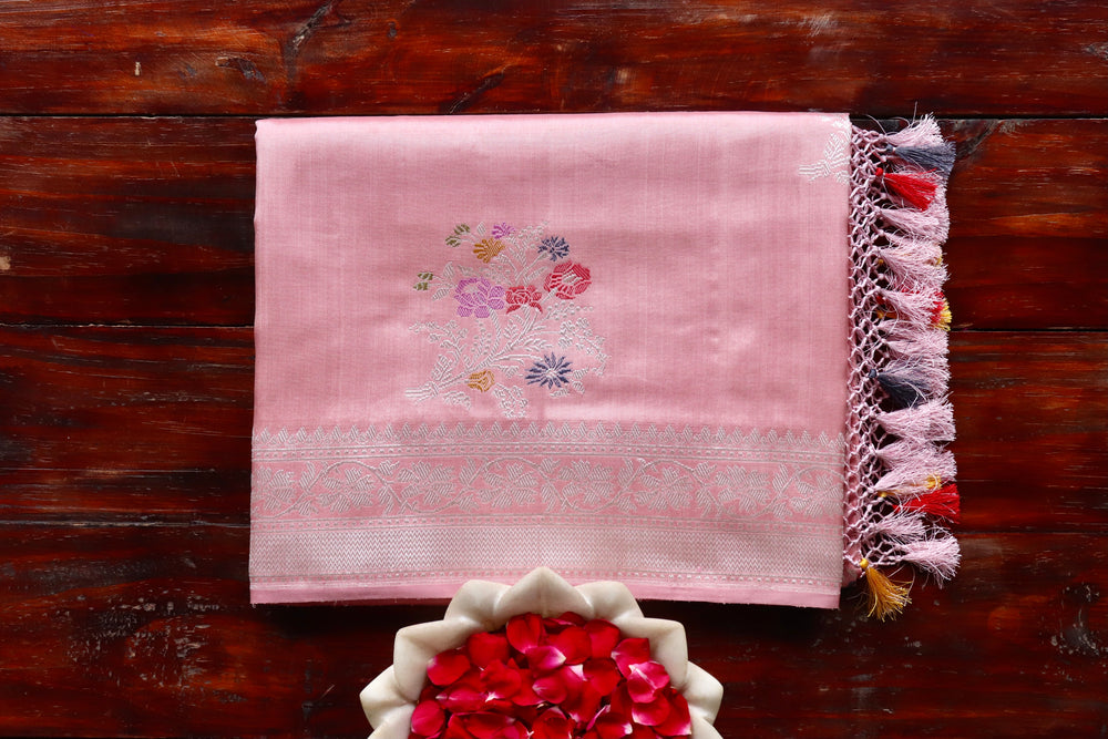 Rose Pink handloom Banarsi saree with guldasta motifs in pure Katan silk