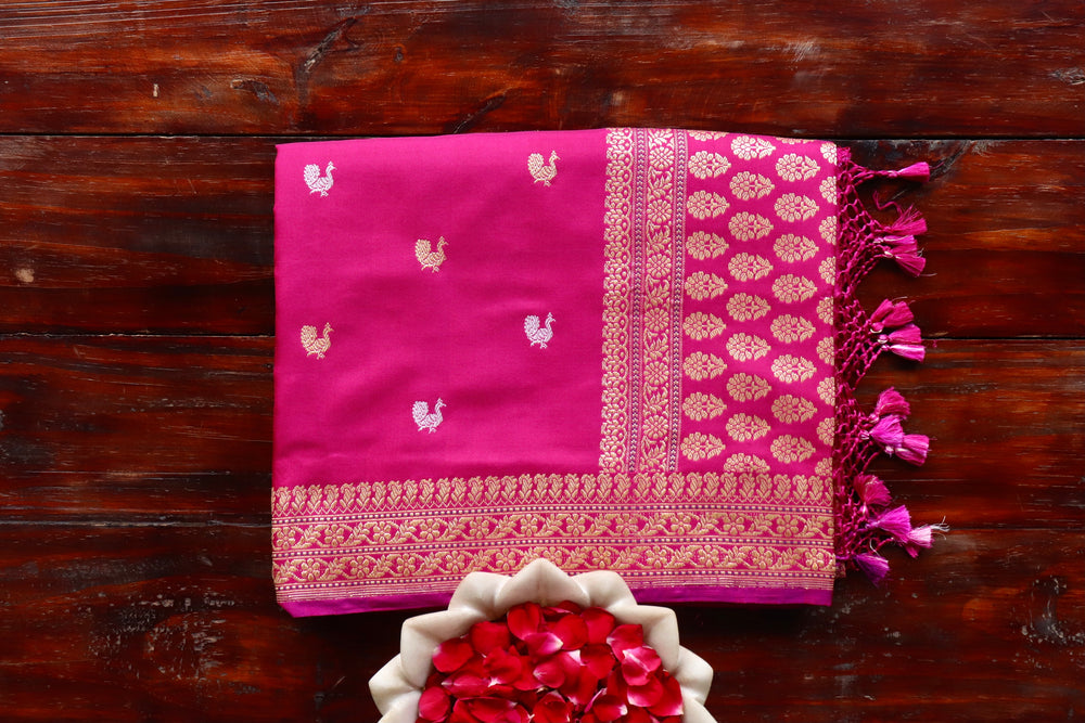 Rani Pink handloom Banarsi saree with peacock motifs in pure silk