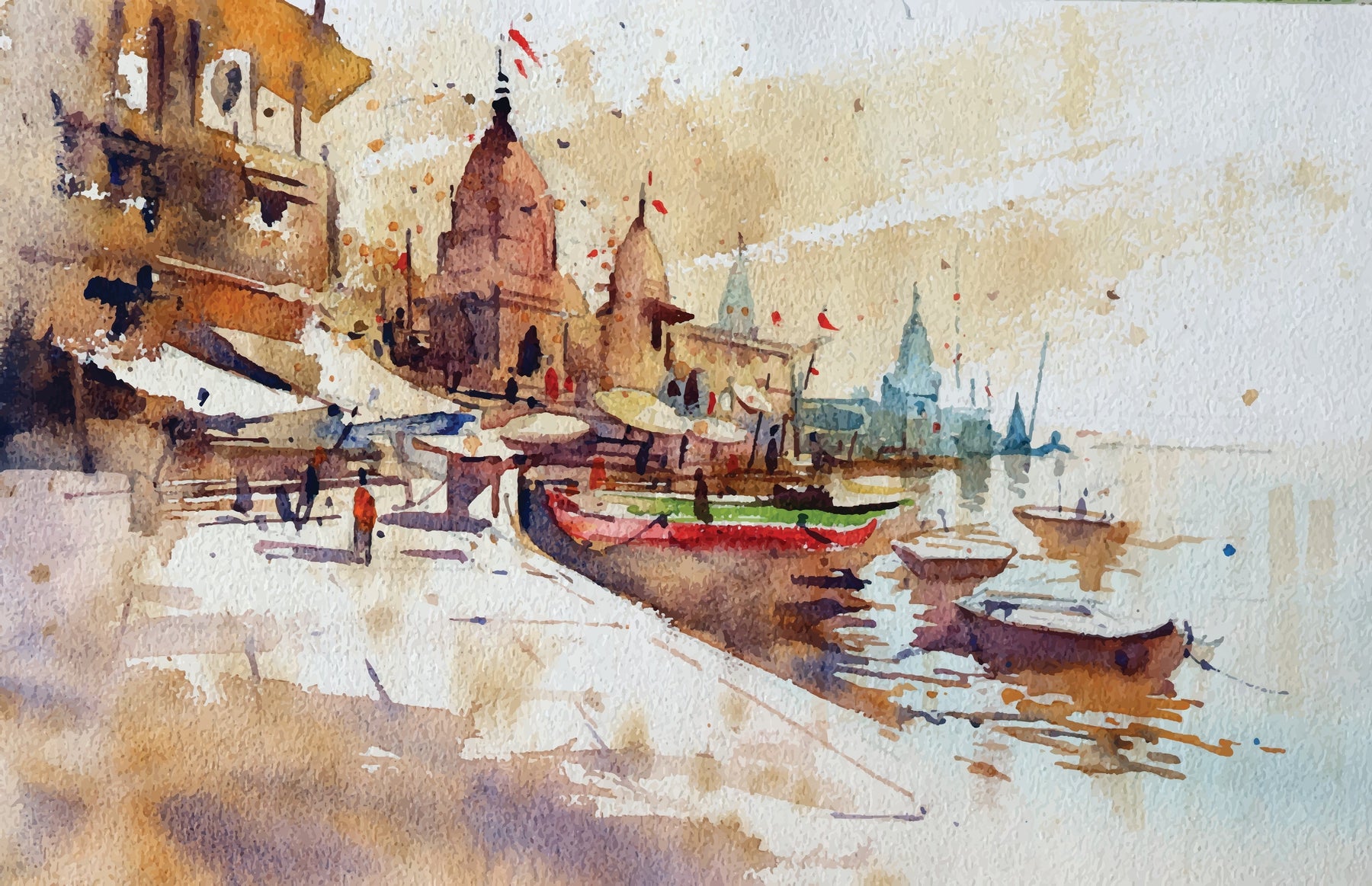 Watercolour of the Banaras ghats along the Ganga at morning