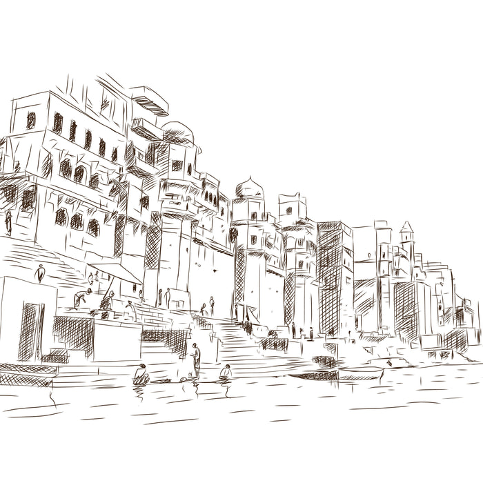 Painted view of the Banaras ghats along the Ganga