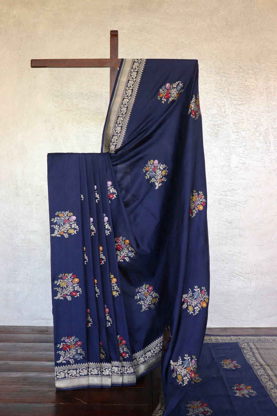 Navy Blue Meenadar Banarasi Katan Silk Saree - front drape