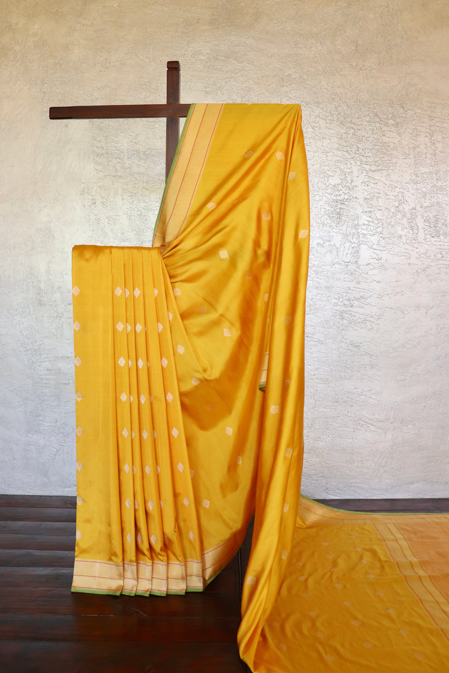 Marigold Yellow Kadhua Banarasi Katan Silk Saree - front drape