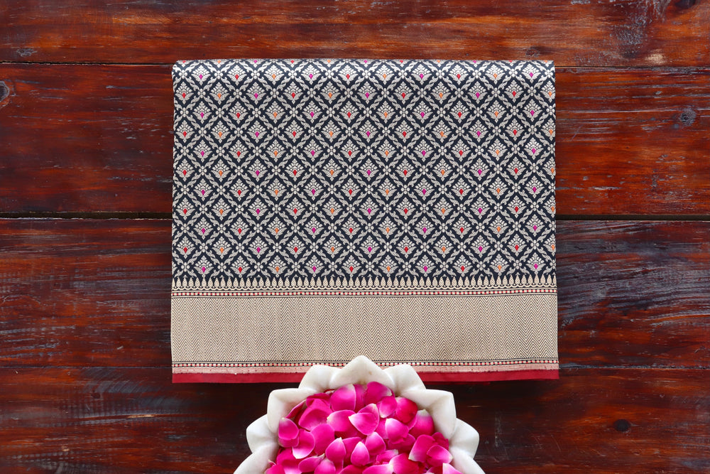 Black handloom Banarsi saree with tanchoi motifs in silk