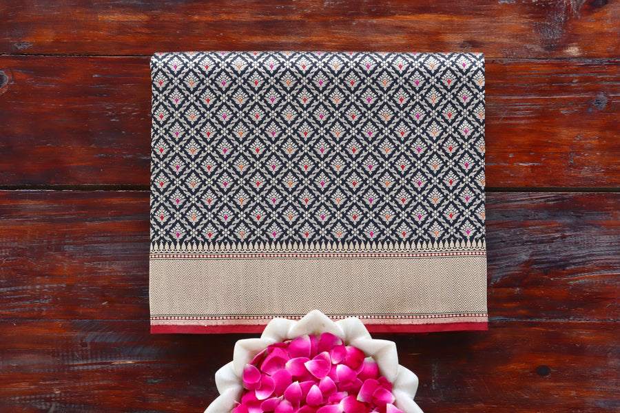 Black handloom Banarsi saree with tanchoi motifs in silk