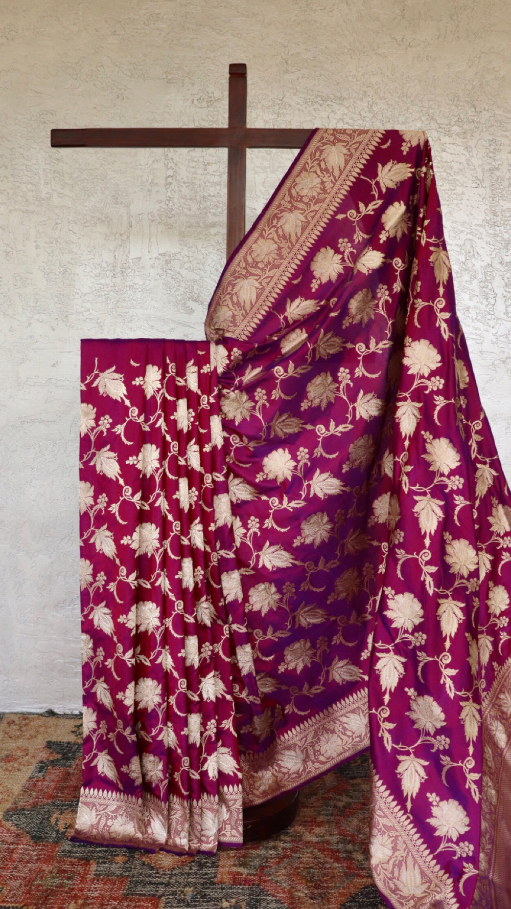 Purple handloom Banarsi saree with jangla motifs in pure silk