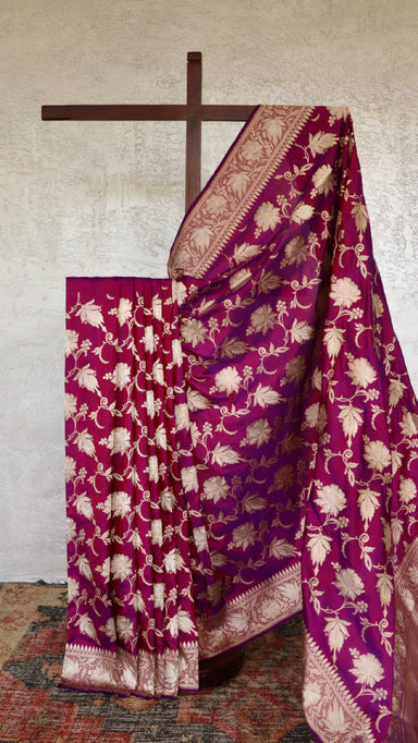 Purple handloom Banarsi saree with jangla motifs in pure silk