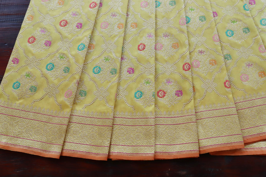 Full drape of Lemon Yellow Meenadar Jangla pure silk Banarasi saree