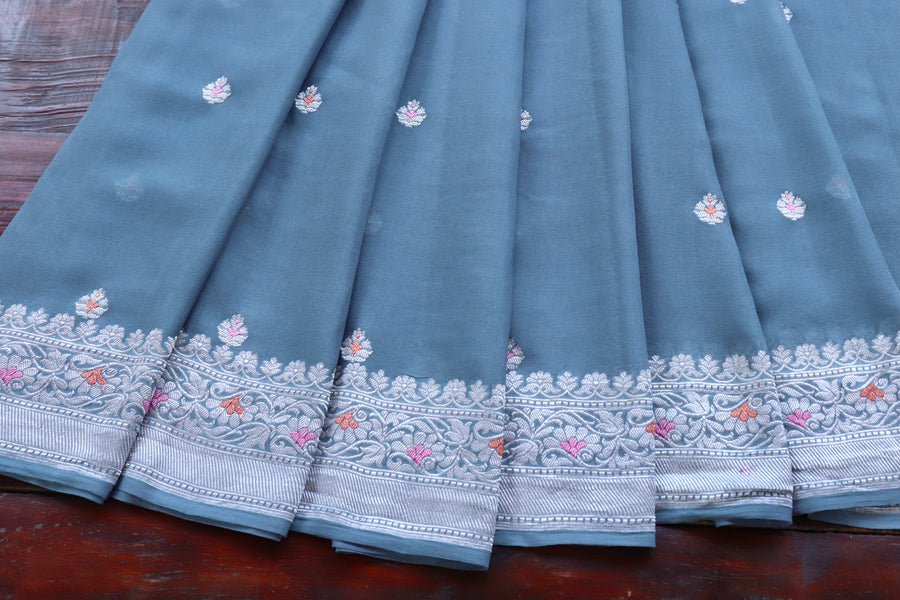 Full drape of Grey Kadhua georgette Banarasi handloom saree