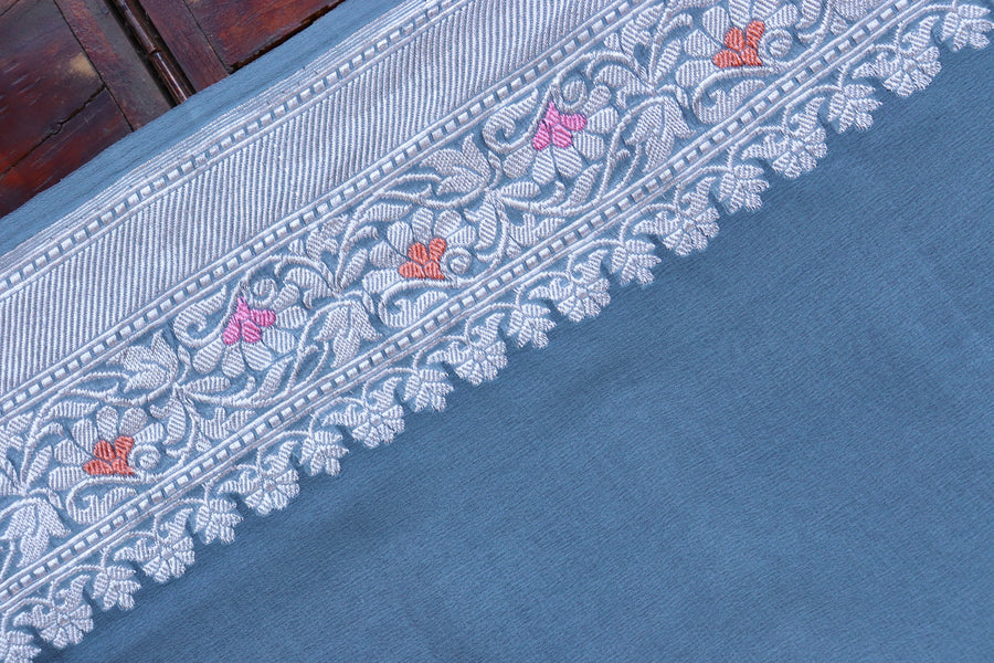 Pleat detail of Grey Kadhua georgette saree