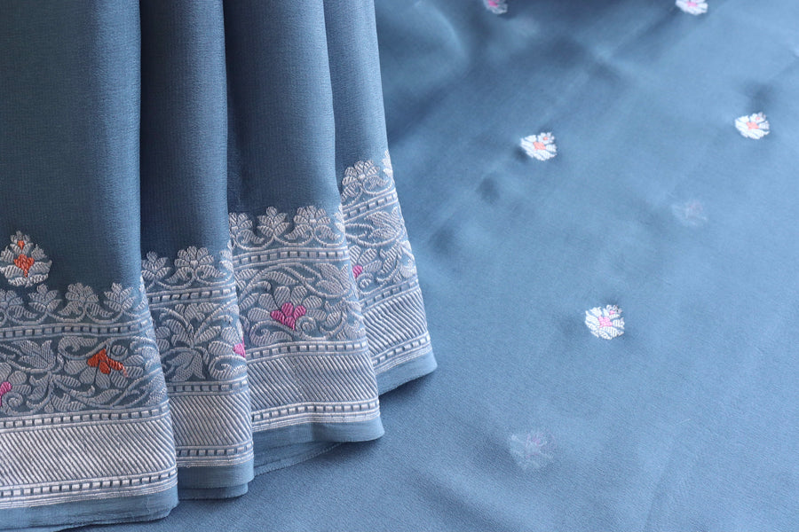 Pallu detail of Grey Kadhua georgette Banarasi saree