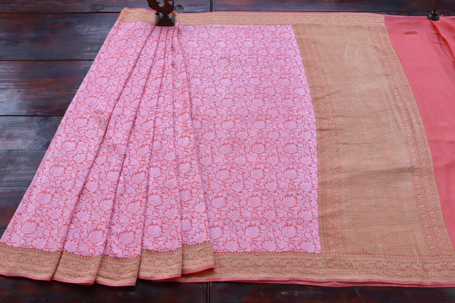 Border close-up on Pink Tanchoi georgette Banarasi saree