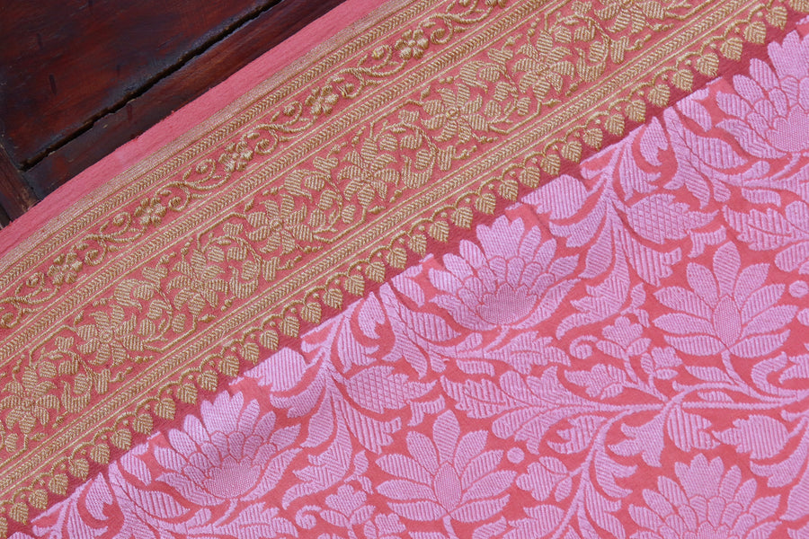 Full drape of Pink Tanchoi georgette Banarasi handloom saree
