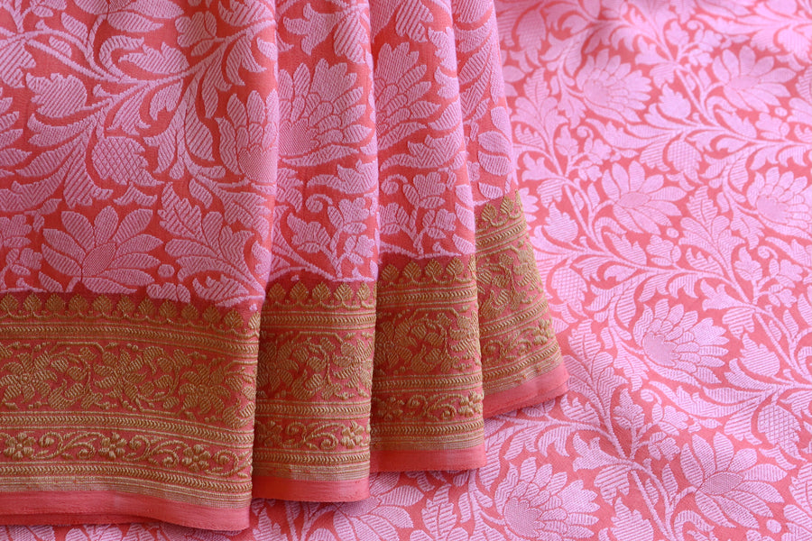 Pallu detail of Pink Tanchoi georgette Banarasi saree