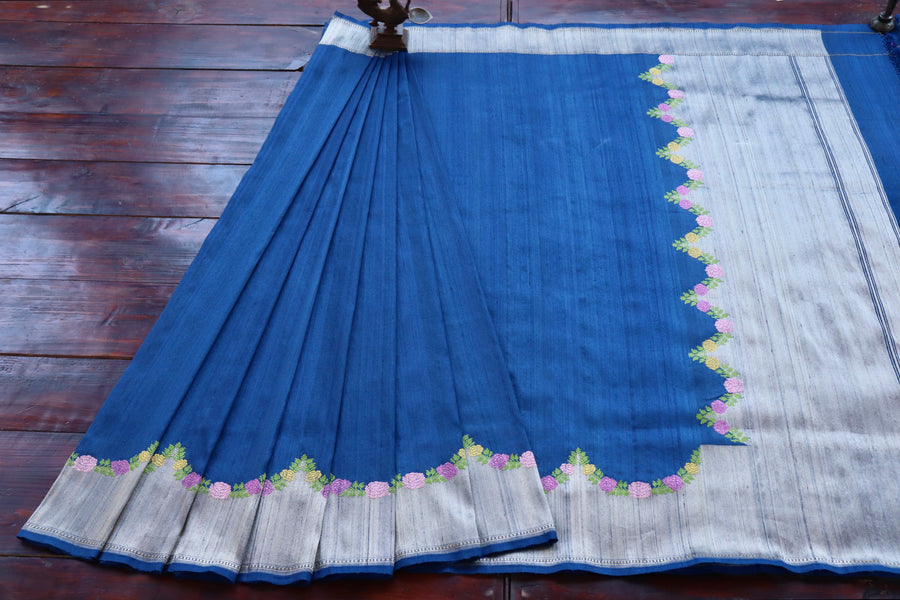 Floral border close-up on Blue Banarasi saree