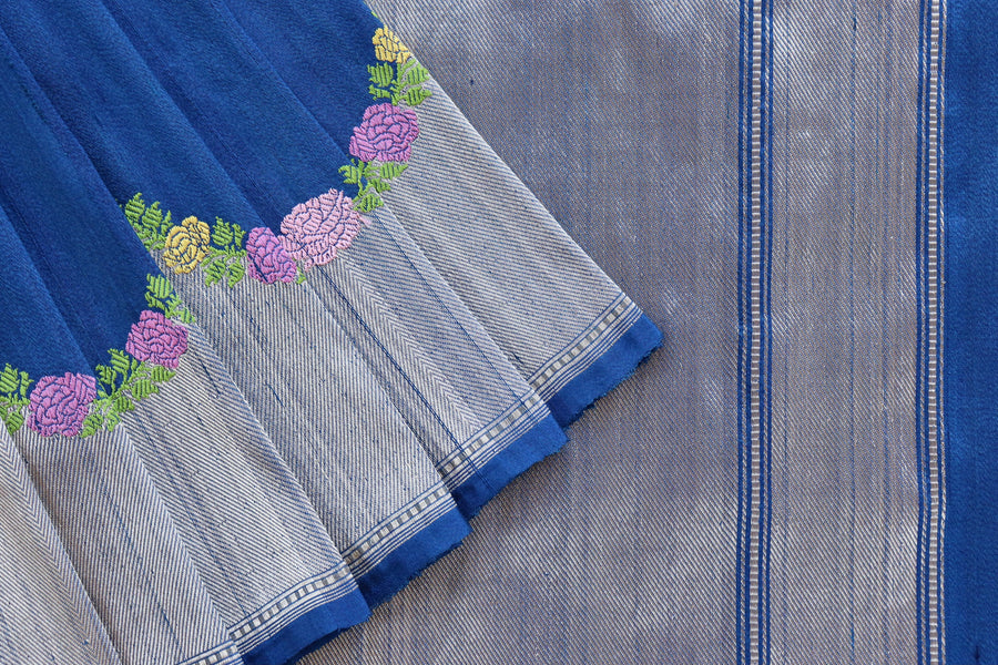 Full drape of Blue Floral Border pure silk Banarasi saree