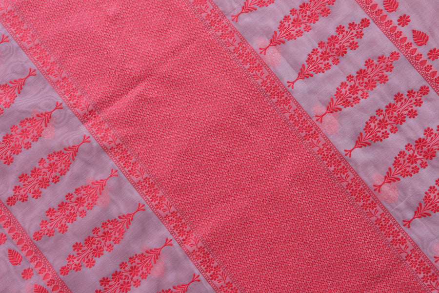 Full drape of Red Resham Kadhua pure Kora silk handloom saree