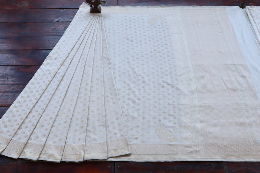 Border close-up on Shwetambri Matsya Buti zari saree
