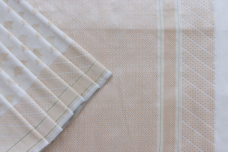 Silk texture of Shwetambri Matsya Buti zari saree