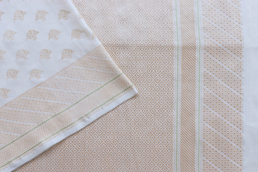 Colour close-up of Shwetambri Matsya Buti zari saree
