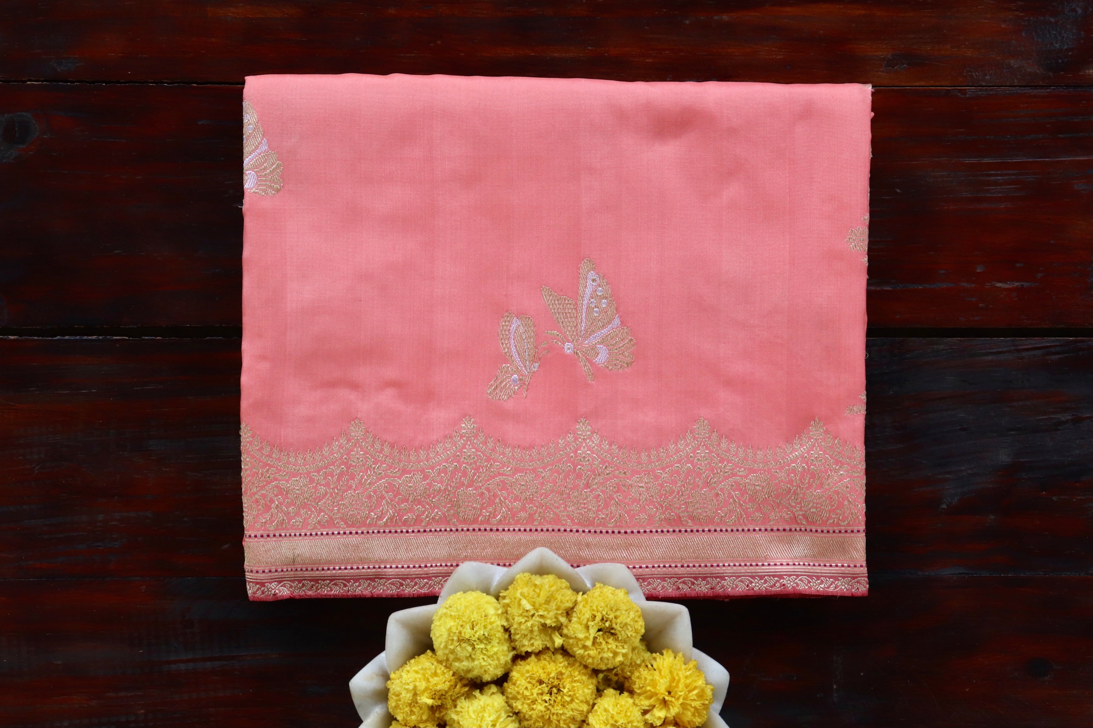 Rose Butterfly Motif Pure Silk Handloom Banarasi Saree