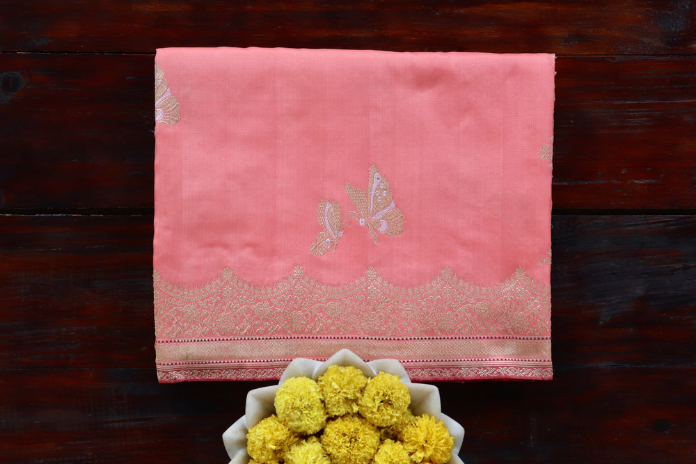 Rose handloom Banarsi saree with butterfly motifs in pure silk