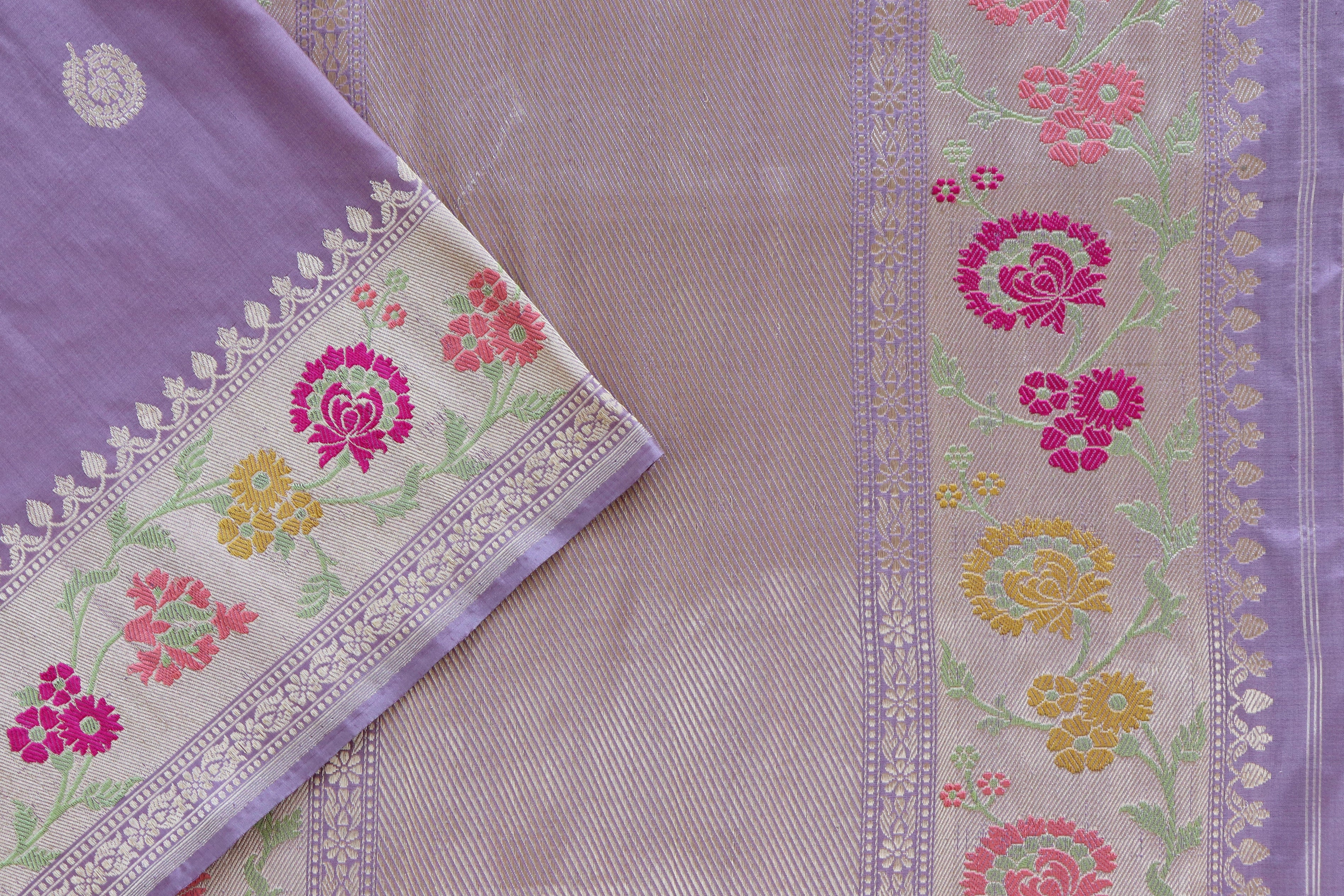 Lilac Meenadar Pure Silk Handloom Banarasi Jangla Saree