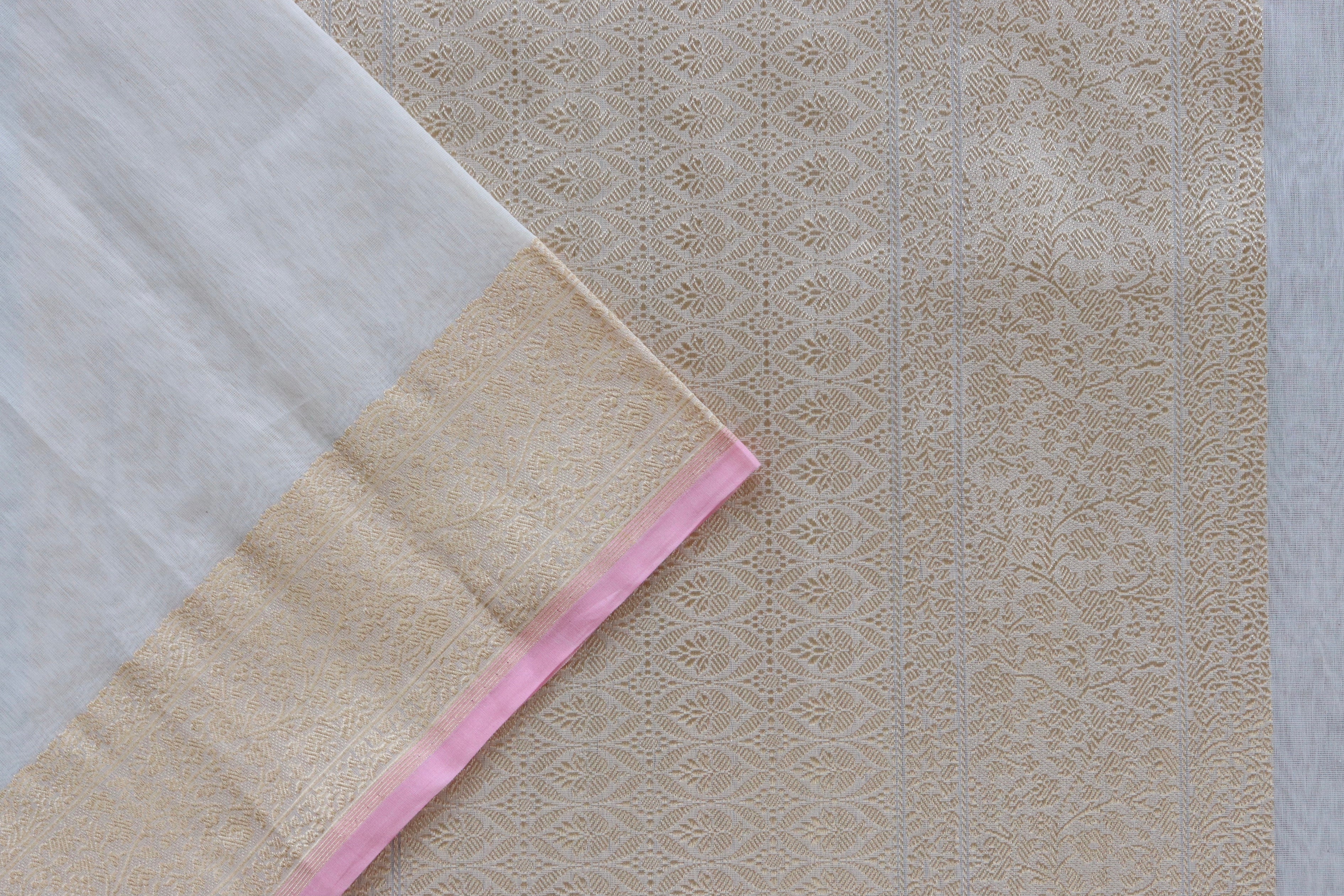 White Kuniya Organza Silk By Cotton Handloom Saree