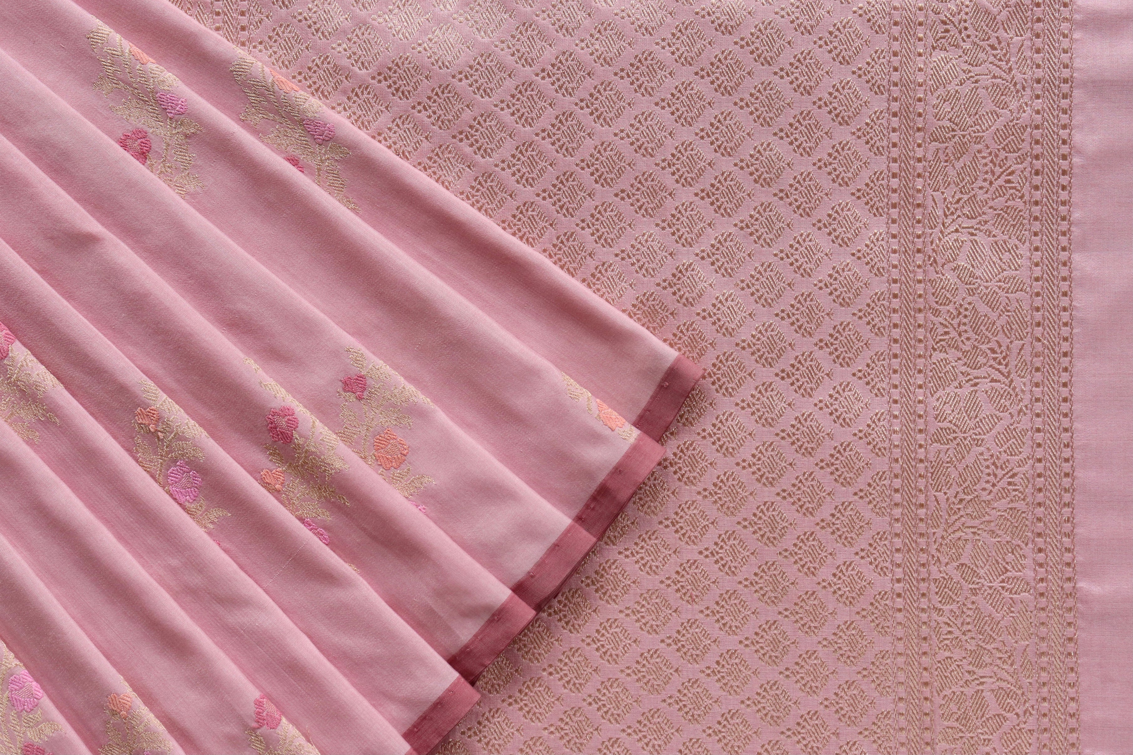 Soft Pink Aada Jangla Pure Kora Silk Banarasi Saree