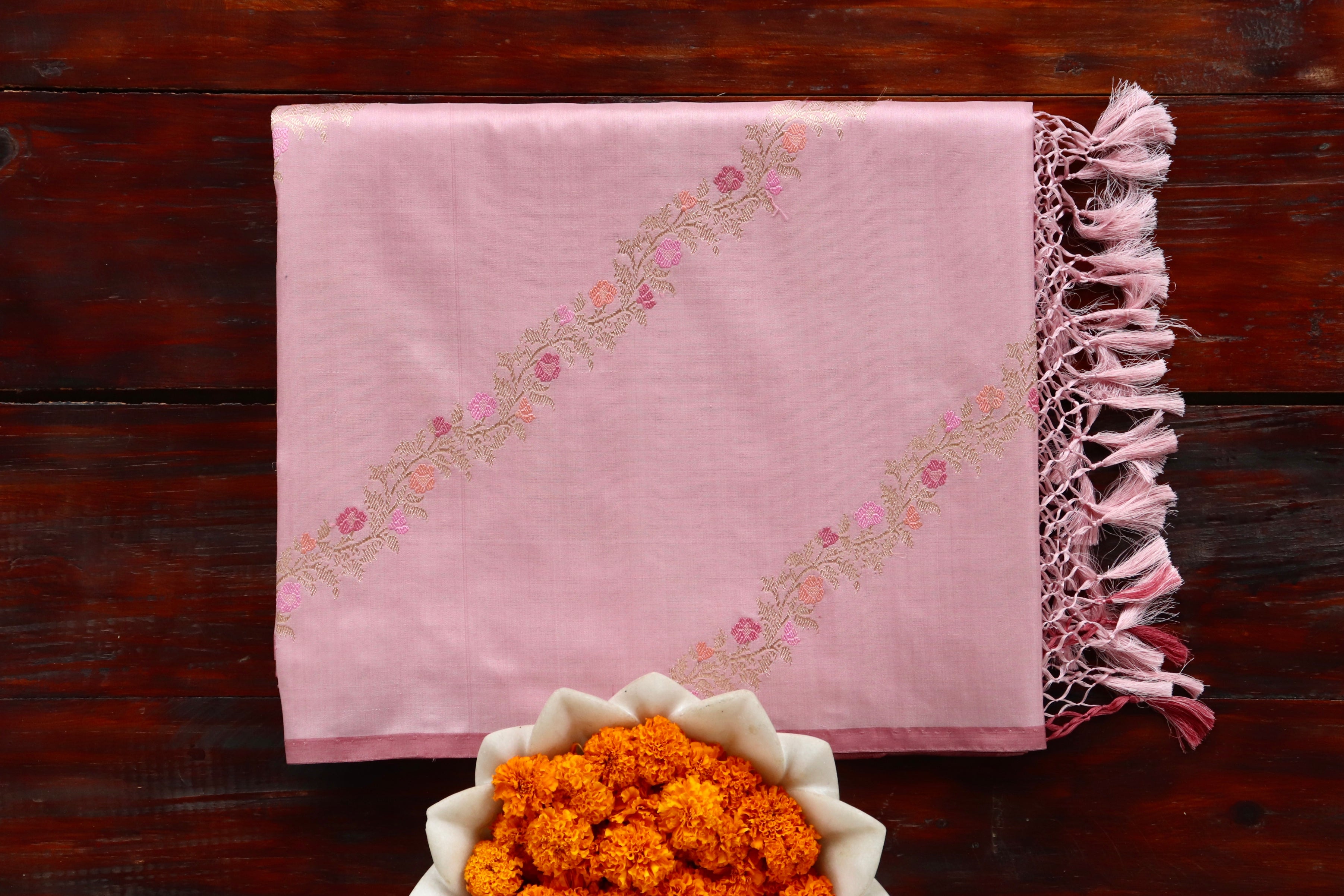 Soft Pink Aada Jangla Pure Kora Silk Banarasi Saree