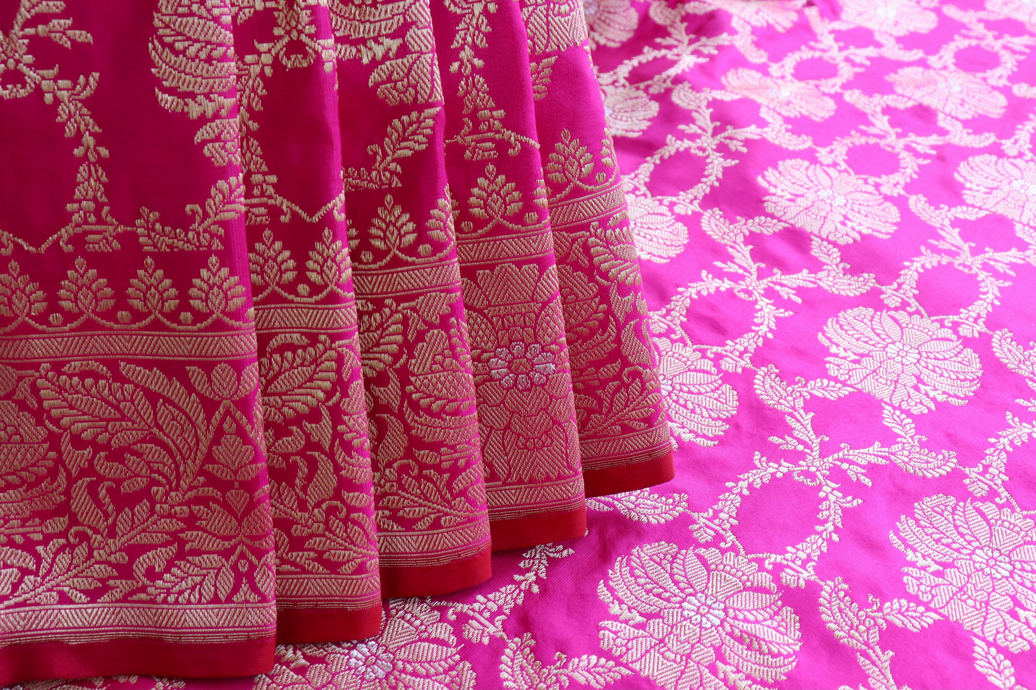 Hot Pink Jangla Pure Katan Silk Handloom Banarasi Saree