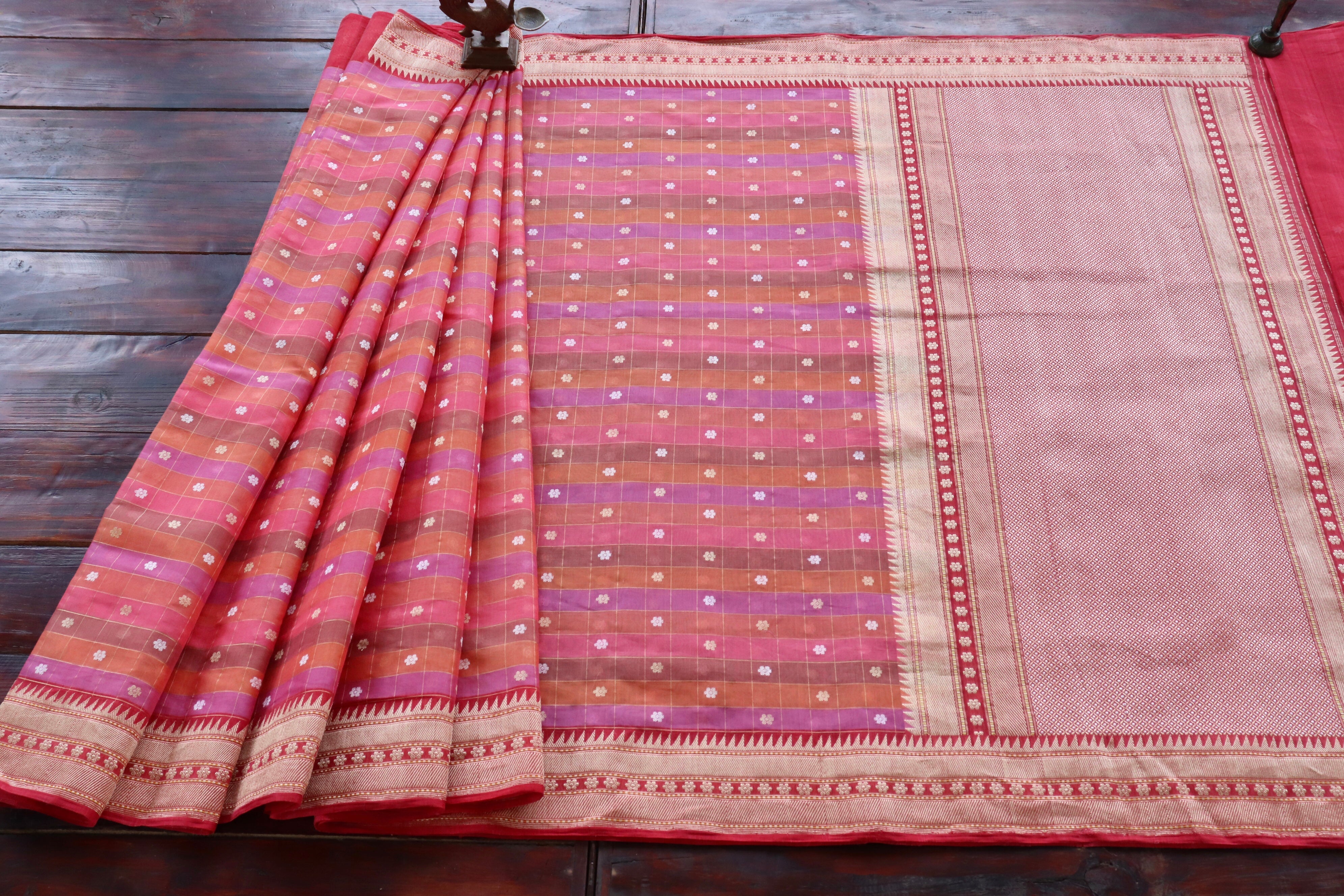 Multi Coloured Cotton By Kora Banarasi Silk Handloom Saree