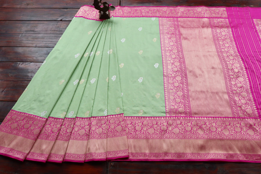 Light Green & Pink  Kadhua Pure Katan Silk Handloom Banarasi Saree