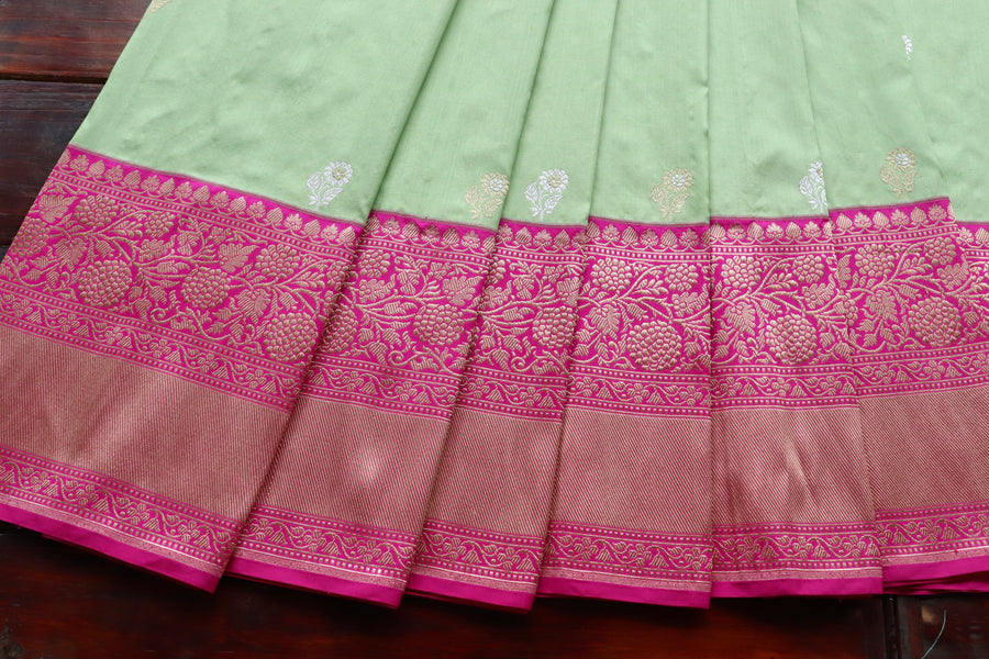 Light Green & Pink  Kadhua Pure Katan Silk Handloom Banarasi Saree