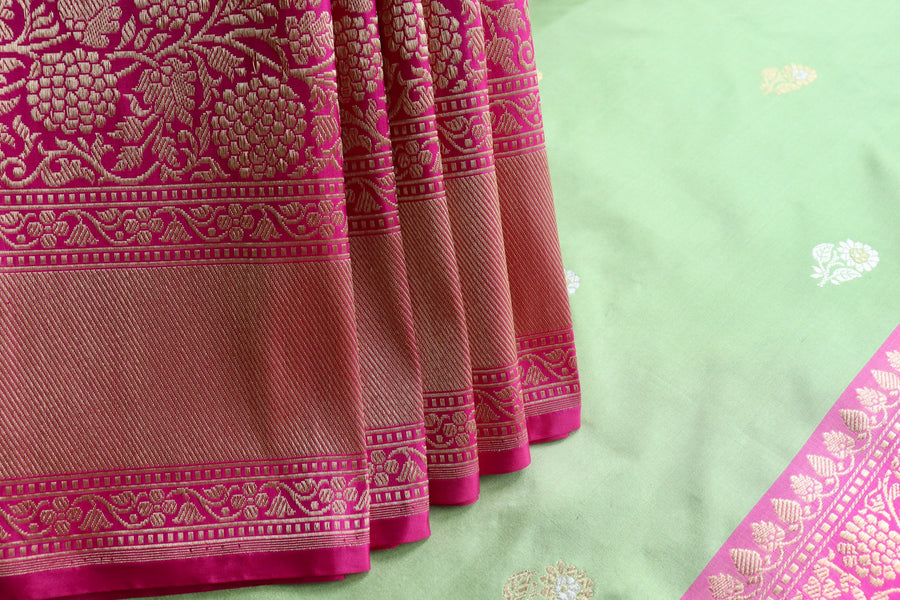 Light Green & Pink  Kadhua Pure Katan Silk Handloom Banarasi Saree