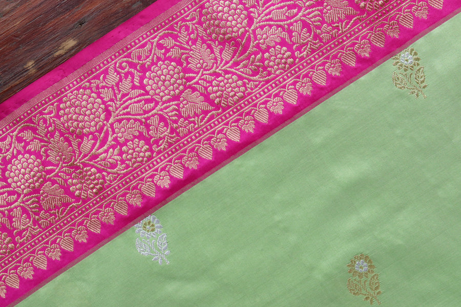 Light Green & Pink  Kadhua Pure Katan Silk Handloom Banarasi Saree
