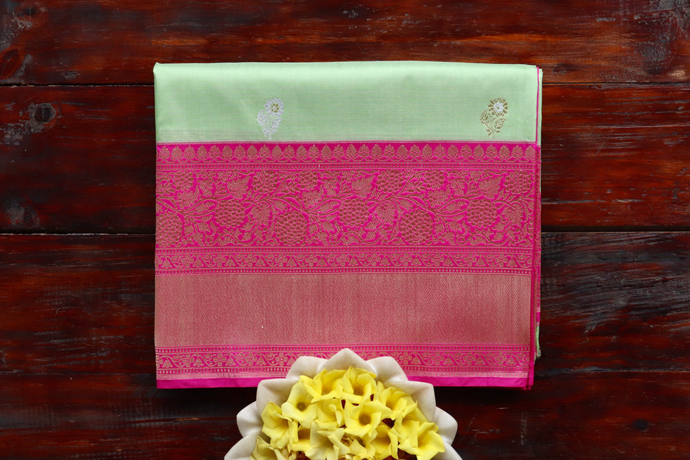 Light Green handloom Banarsi saree with kadhua motifs in pure Katan silk