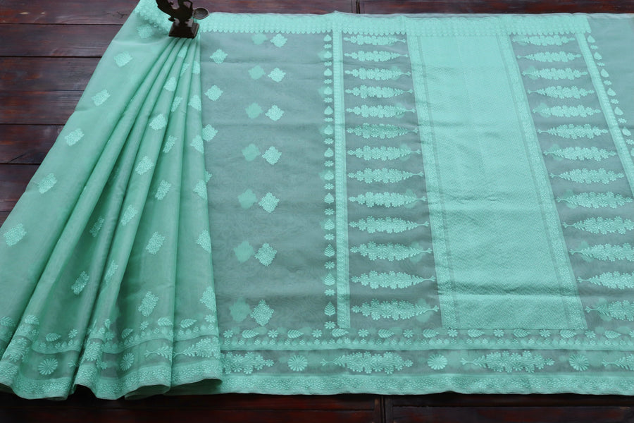 Mint Green Resham Kadhua Pure Kora Silk Handloom Saree