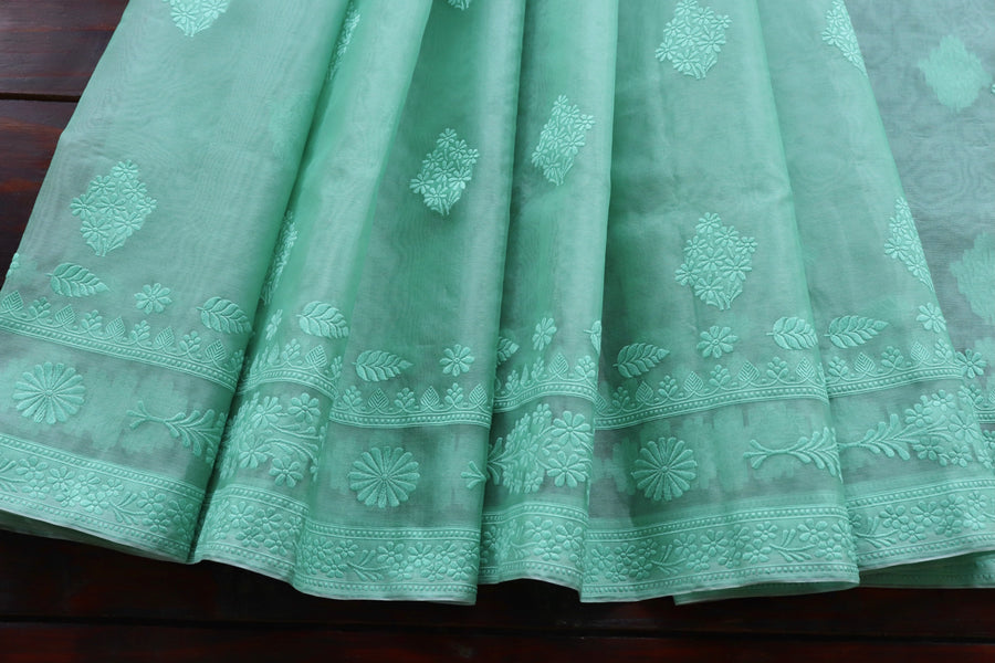 Mint Green Resham Kadhua Pure Kora Silk Handloom Saree