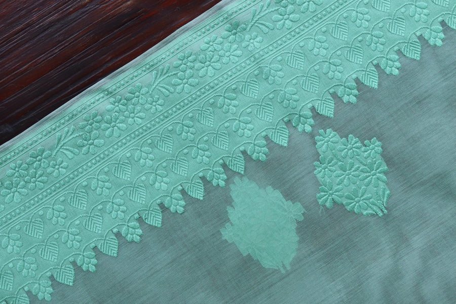 Mint Green Resham Kadhua Pure Kora Silk Handloom Saree
