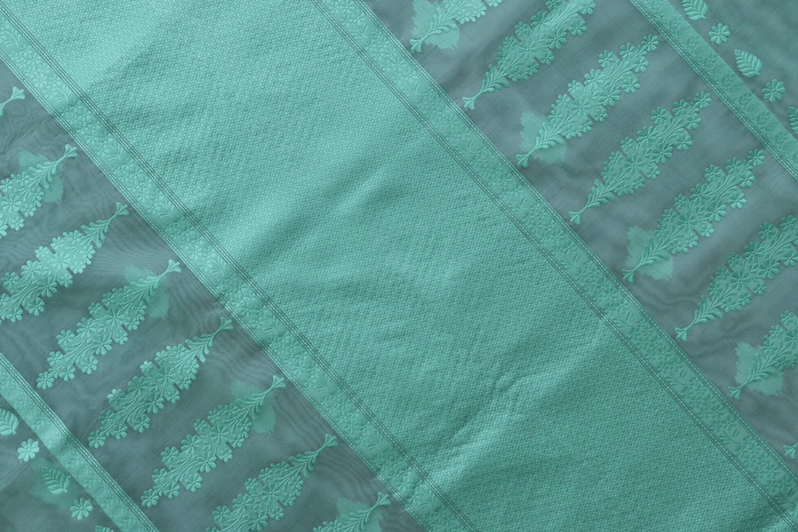 Mint Green Resham Kadhua Pure Kora Silk Handloom Saree