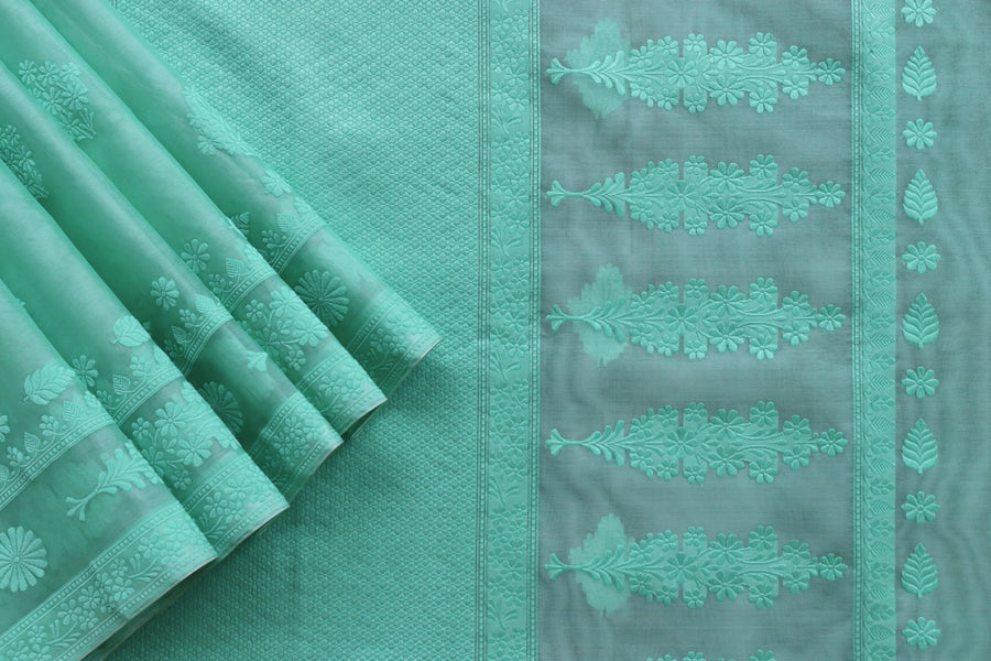 Mint Green Resham Kadhua Pure Kora Silk Handloom Saree