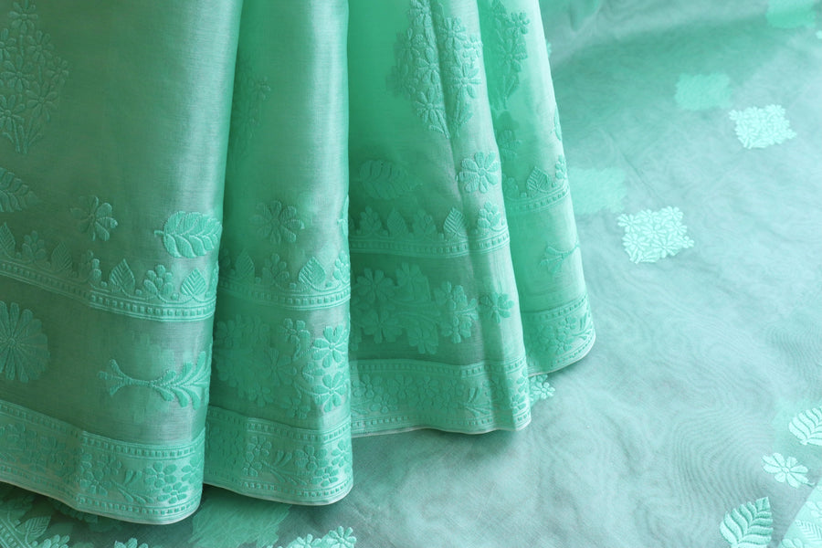 Mint Green Resham Kadhua Pure Kora Silk Handloom Saree