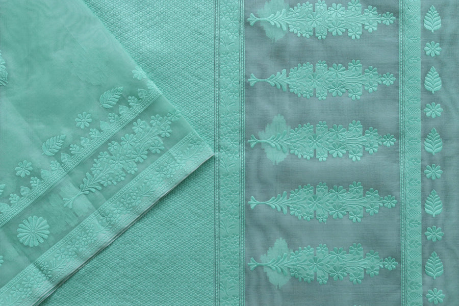 Mint Green Resham Kadhua Pure Kora Silk Handloom Saree