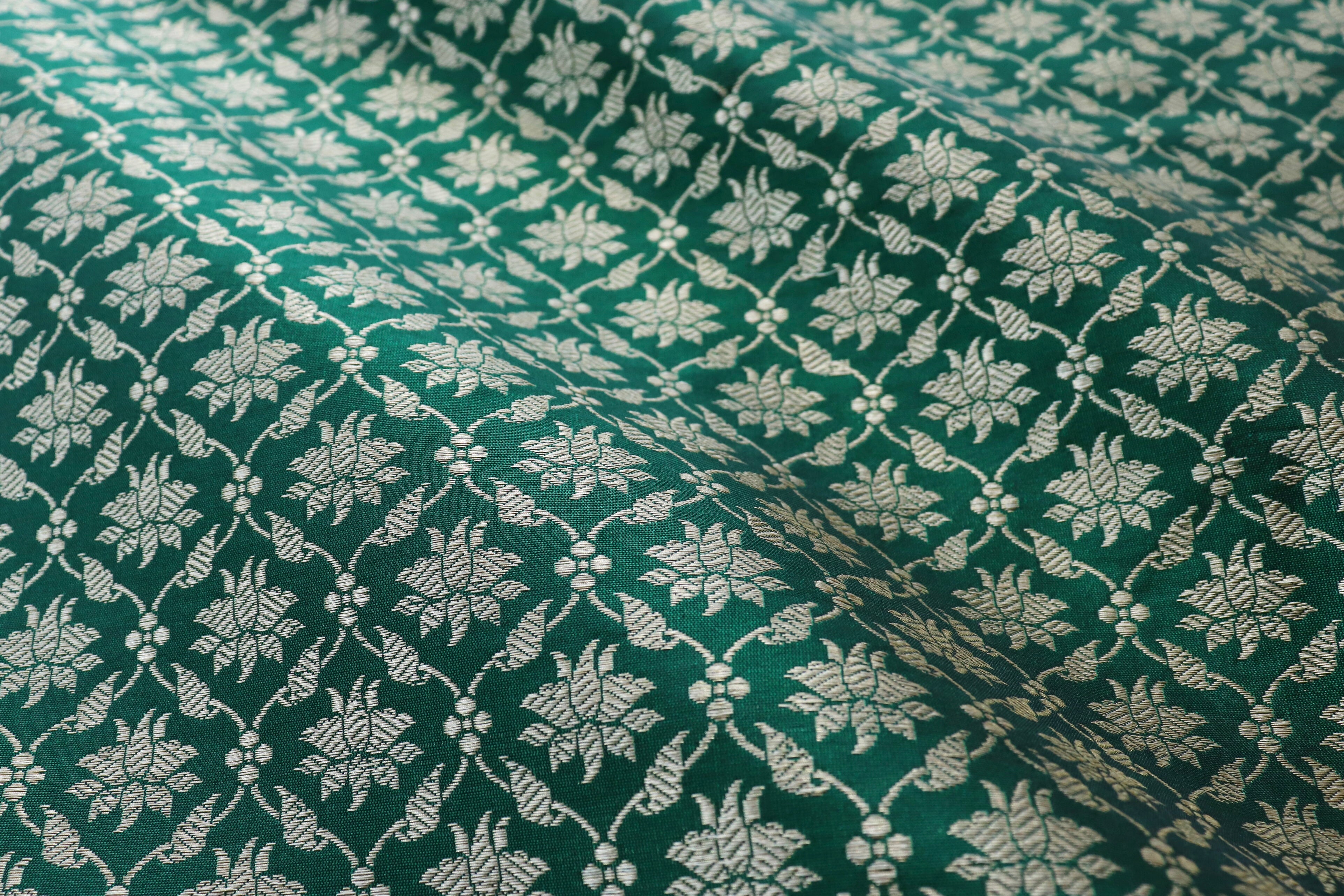 Forest Green Pure Katan Silk Handloom Banarasi Fabric