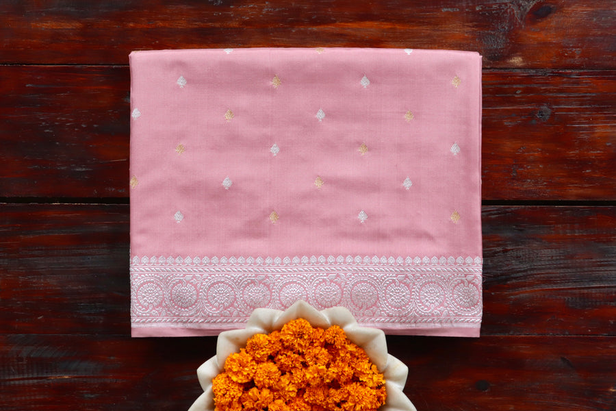 Salmon Pink pure Katan silk Banarasi saree with thread-by-thread motifs, draped for the camera.
