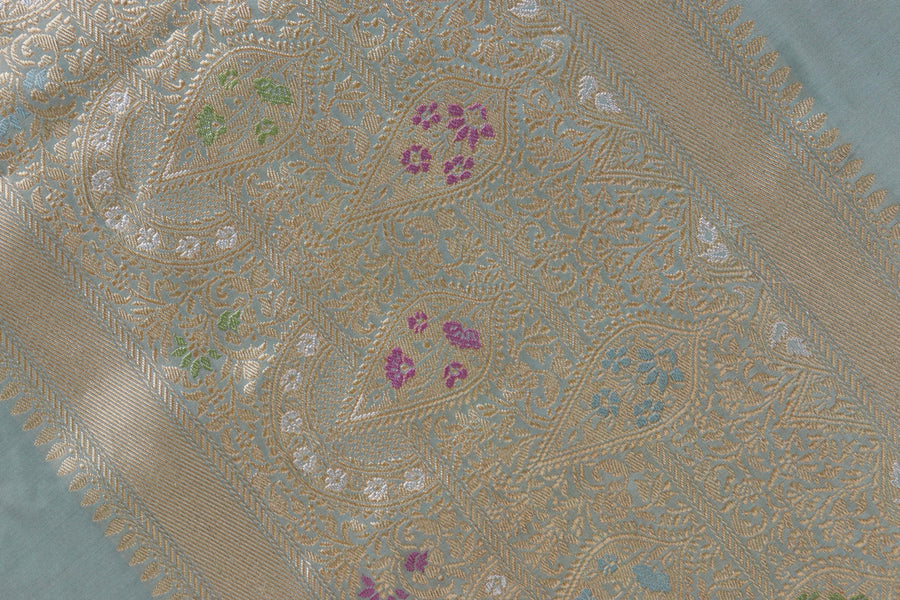 Full drape of Sea Green & Pink Tissue Meenadar Kadiyal Banarasi saree