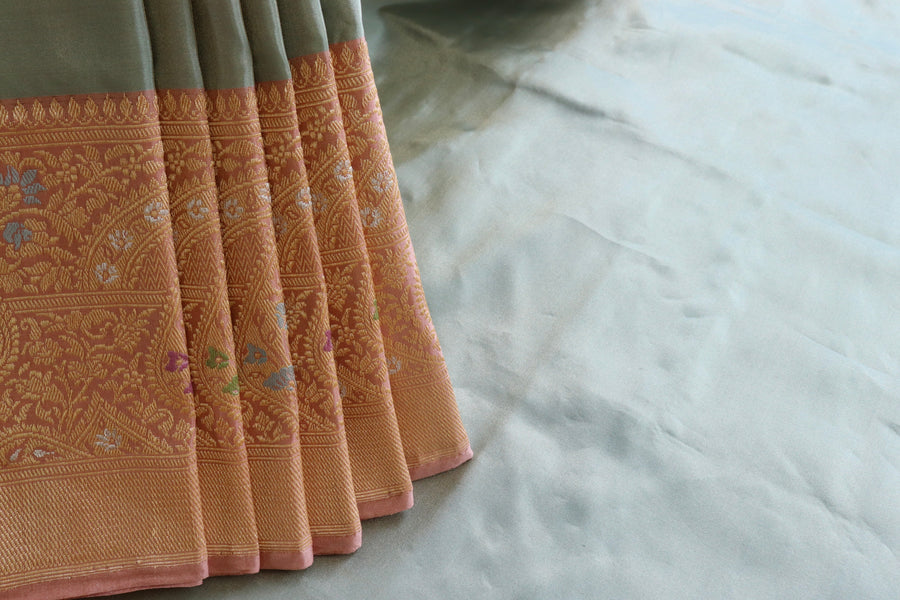 Pallu detail of Sea Green & Pink Tissue Meenadar Kadiyal Banarasi saree